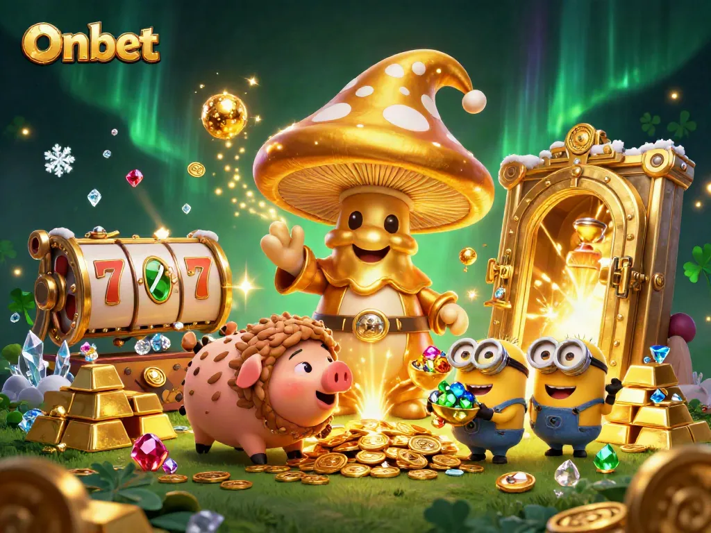 Onbet casino illustration depicting a golden wizard and treasures amidst slot reels and riches.