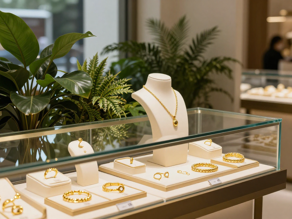 Refined jewelry showcasing mantra88 gold pieces in a luxurious boutique