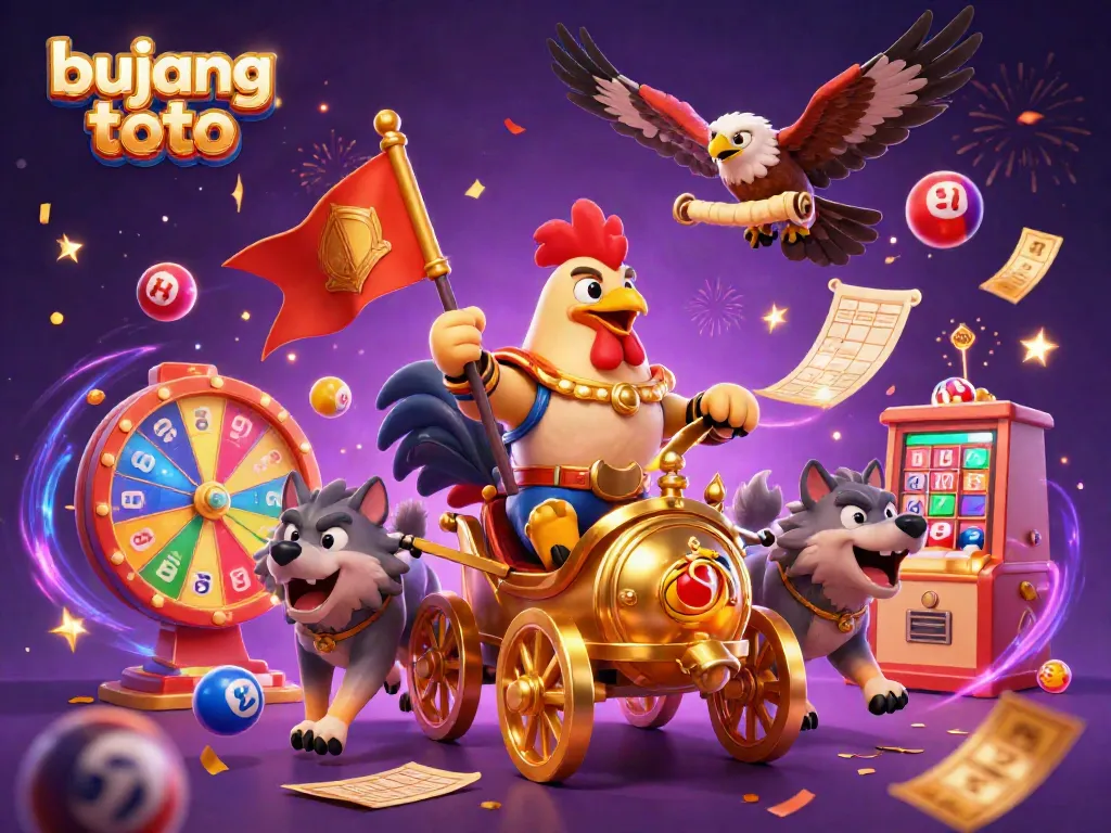 Engage in the thrilling world of bujang toto with a dynamic 3D illustration of a rooster warlord and casino elements.
