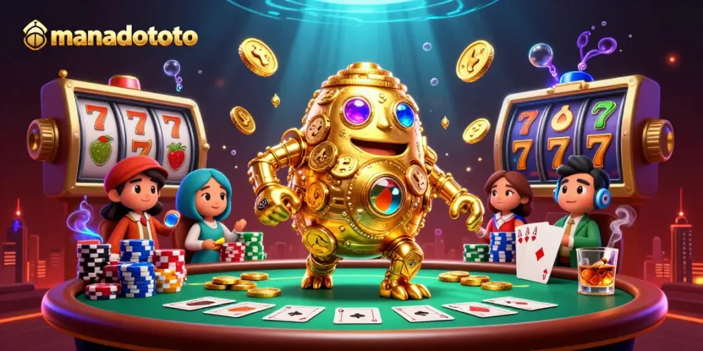 Win big with manadototo's dynamic slots and poker scene featuring a golden coin golem.