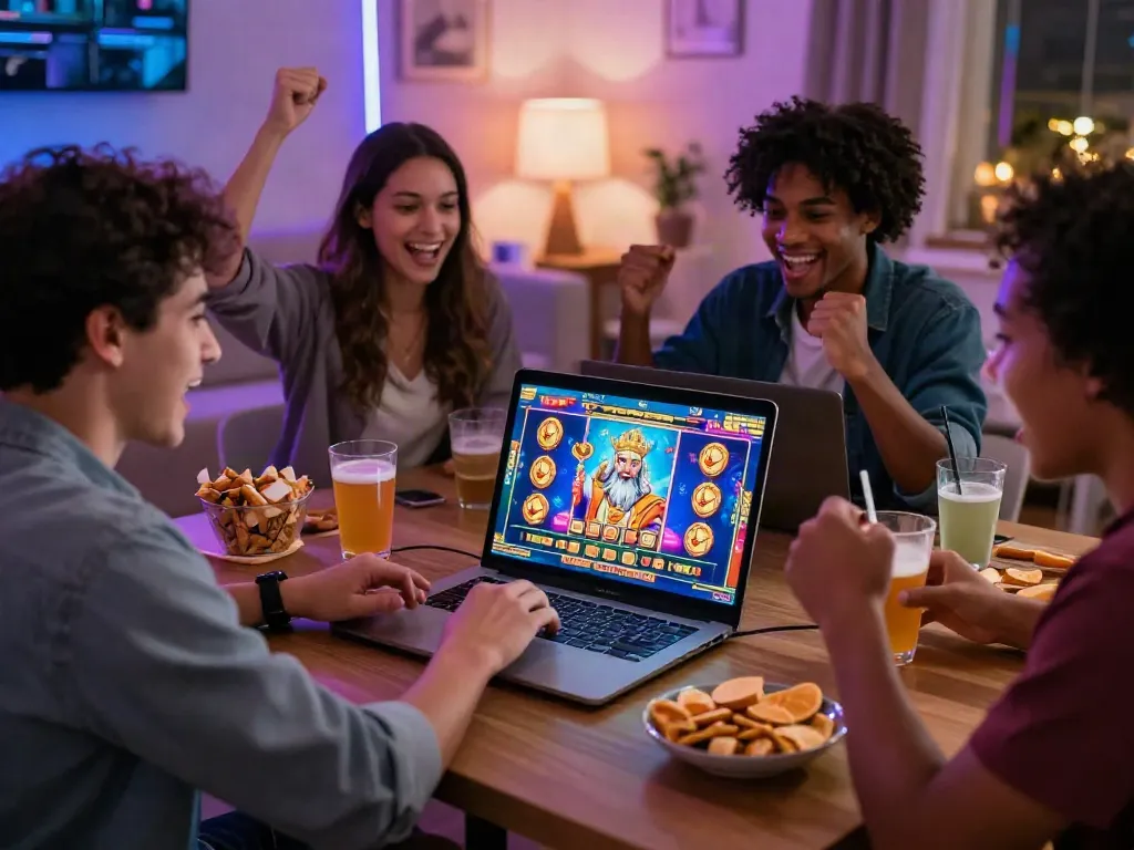 Slot gacor hari ini dengan pemain ceria menikmati permainan slot Zeus di rumah.