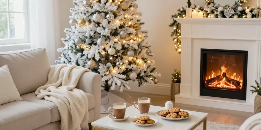 Stylish living room with a christmas tree with white decorations, cozy ambiance.