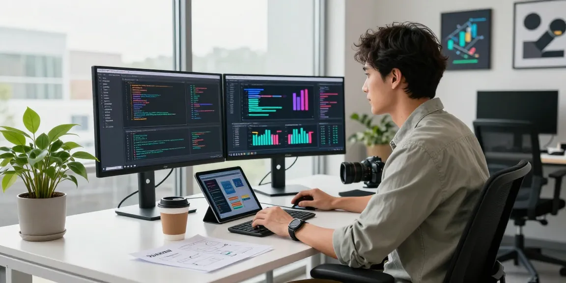 Creative workspace showcasing a developer coding on multiple monitors at https://www.www456bd.com/ with a vibrant office ambiance.