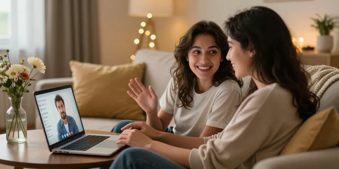 Engaging sex chat scene showing a couple enjoying a cozy video call in a warm home environment.
