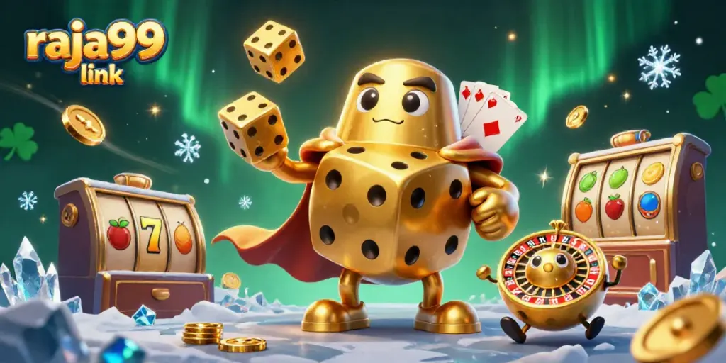 Engage with raja99 link showcasing a vibrant 3D illustration of a golden dice golem in a dynamic casino context.