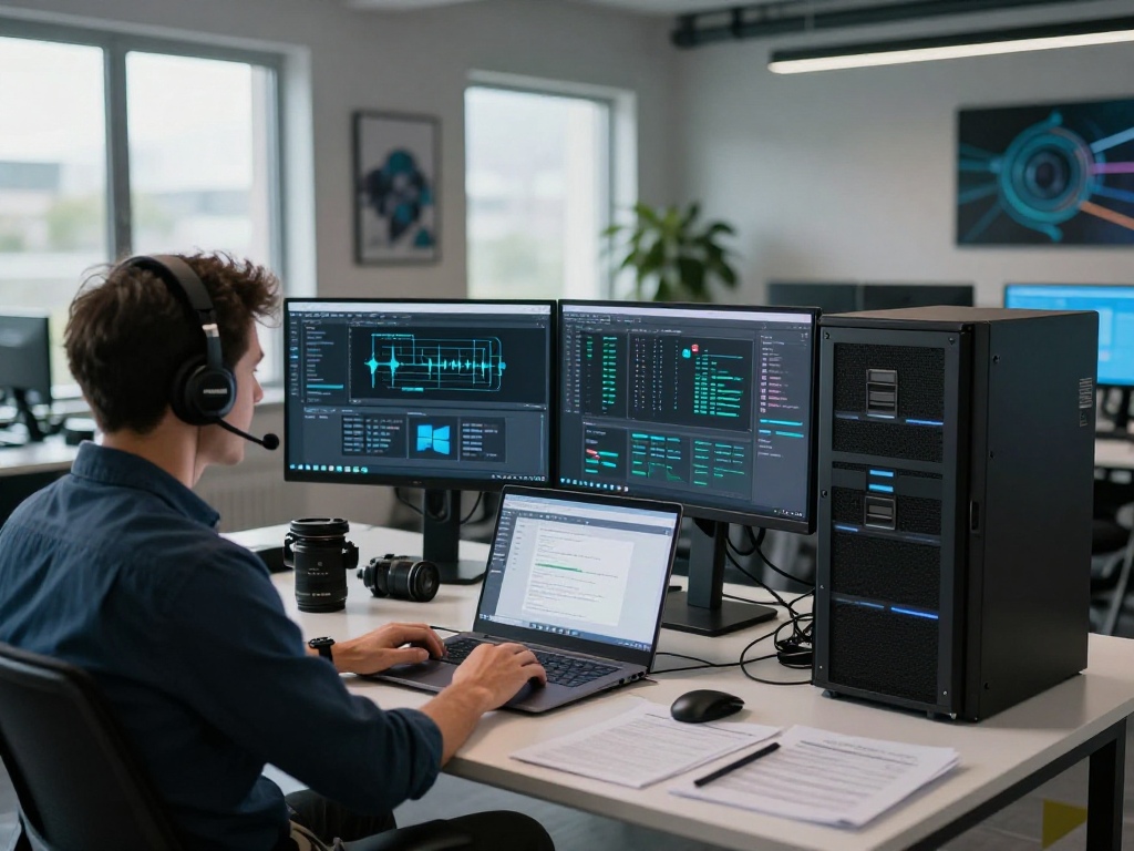 Configuring Servidores VPS Windows en México in a modern IT workspace with multiple monitors.