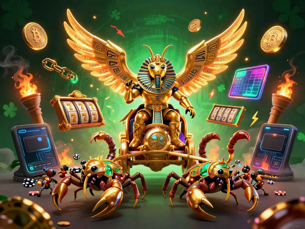 Slot yang memenangkan jackpot dan simbol permainan terlihat hidup dengan gambaran permainan kasino yang megah.
