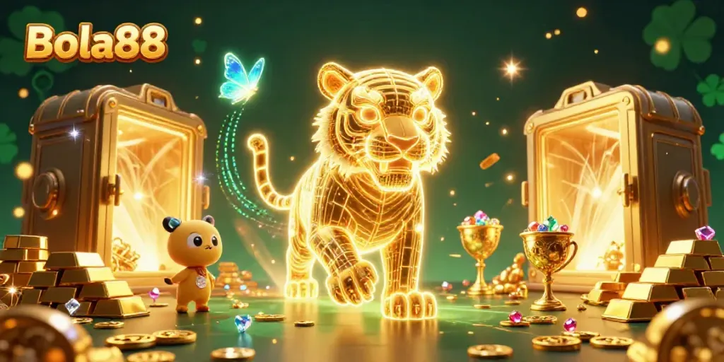 Engage with thrilling gaming scenes at Bola88 featuring a neon tiger in a dynamic casino landscape.