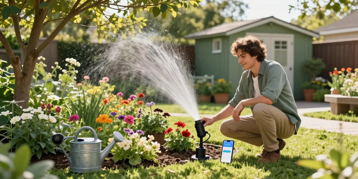 Setting up a smart sprinkler system in a vibrant garden for efficient watering