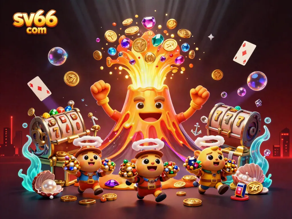 Experience thrilling gameplay with sv66 com in this vibrant illustration featuring a golden volcano and treasure.