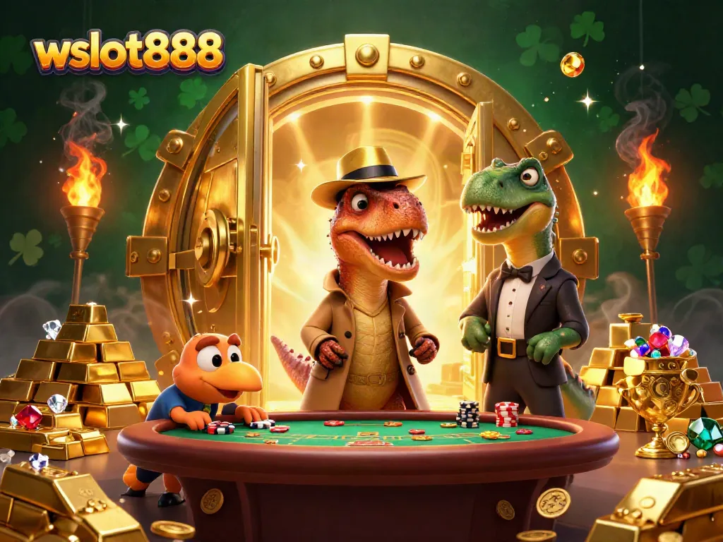 Gambarlah wslot888 saat velociraptor penghitungan kartu beraksi di meja blackjack, dikelilingi harta karun.