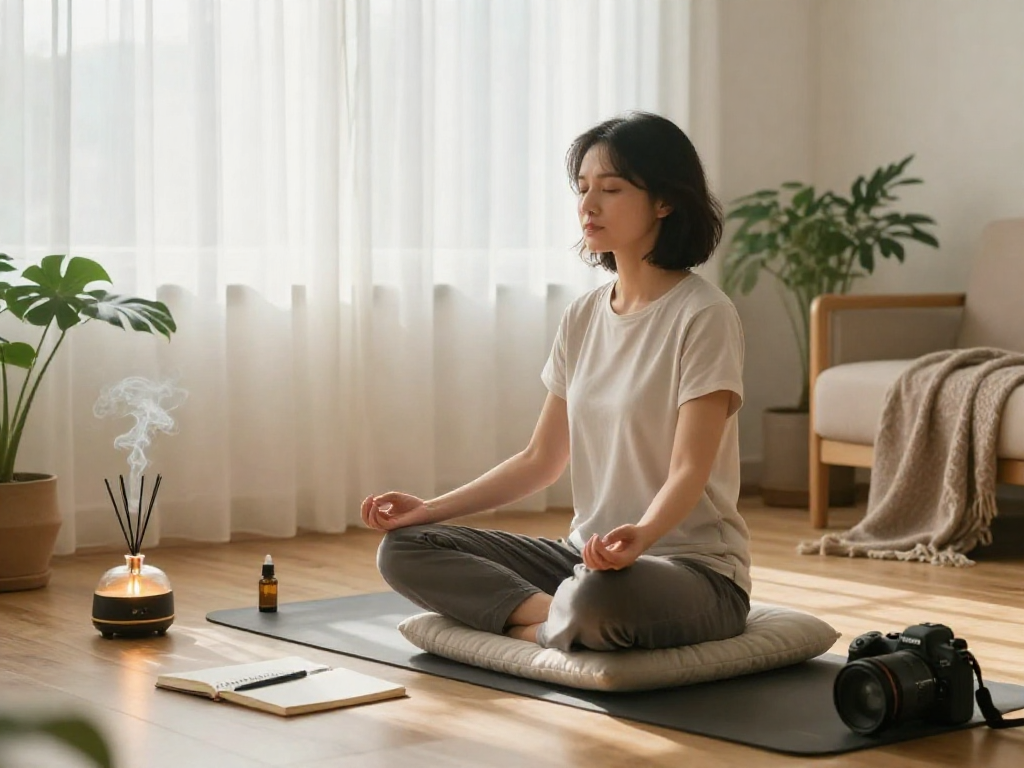 Practicing mantra88 meditation in a tranquil home setting with natural light, plants, and calming elements.