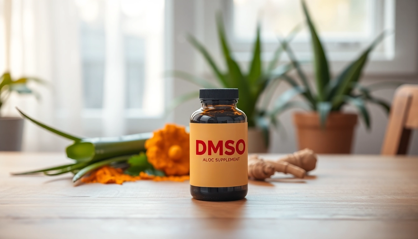 Showcasing a dmso supplement bottle alongside fresh herbs highlighting natural wellness benefits.