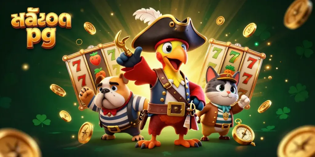 Engage with เกมสล็อต pg, featuring vibrant illustrations of slot reels and characters amid a casino backdrop.