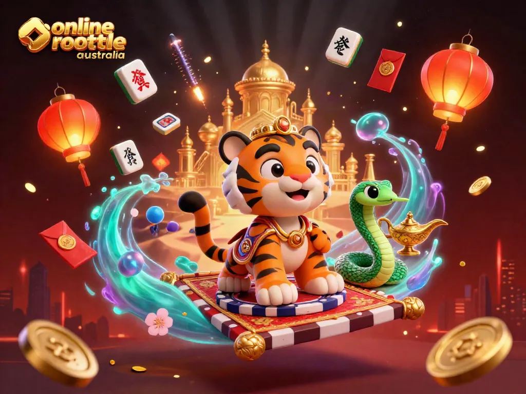 Experience the thrill of online roulette Australia with a vibrant casino-themed 3D scene featuring a tiger sultan.
