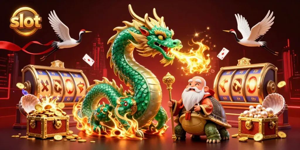 Menampilkan slot dengan naga giok besar dan simbol keberuntungan, di dalam gambar kasino profesional.