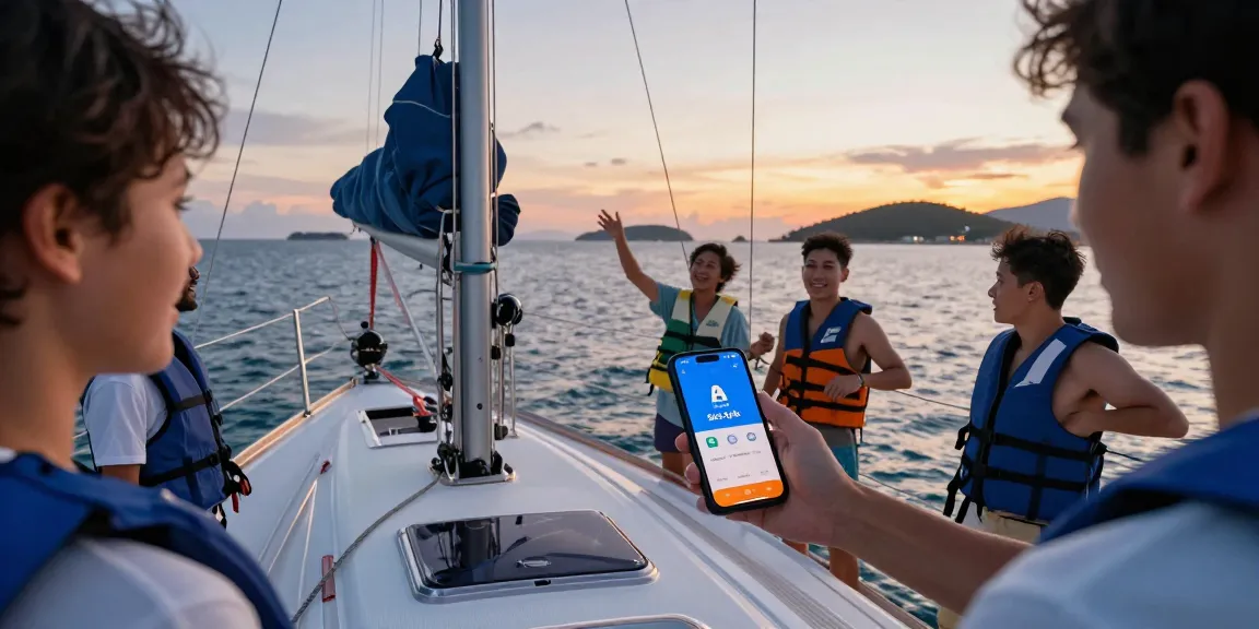 Friends using slot qris to plan an evening sailing adventure at twilight.