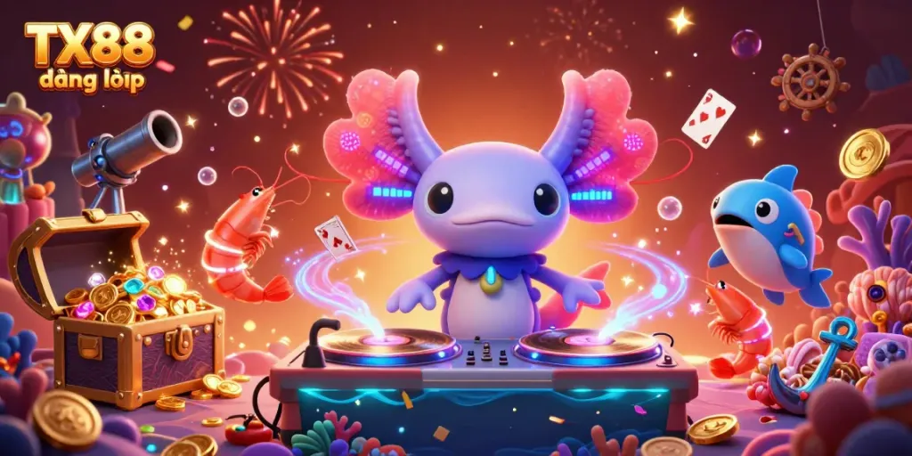 Experience the thrilling TX88 đăng nhập with a vibrant underwater casino scene, featuring colorful characters and treasure.
