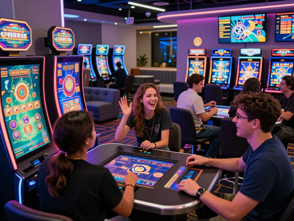 Exciting crypto casino gaming scene with friends enjoying animated slot machines and neon lights.
