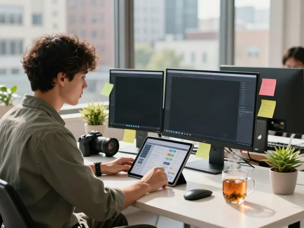A professional reviewing digital projects in a vibrant urban workspace, demonstrating the theme "go right here" for modern creative environments.