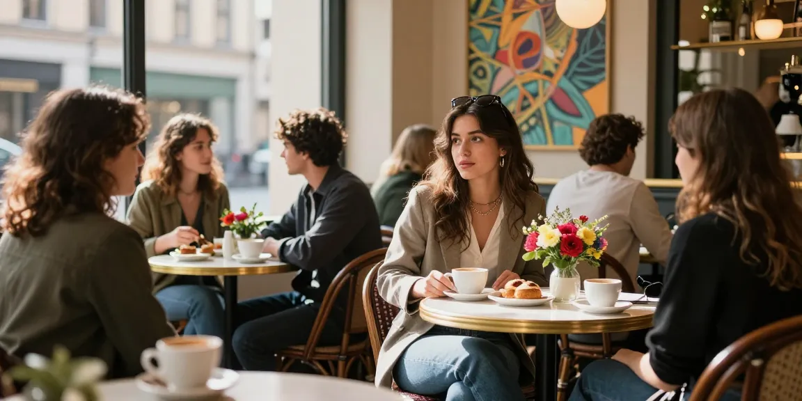 Gái gọi đang trò chuyện trong quán café hiện đại với nhóm bạn, không gian ấm cúng và dễ chịu.
