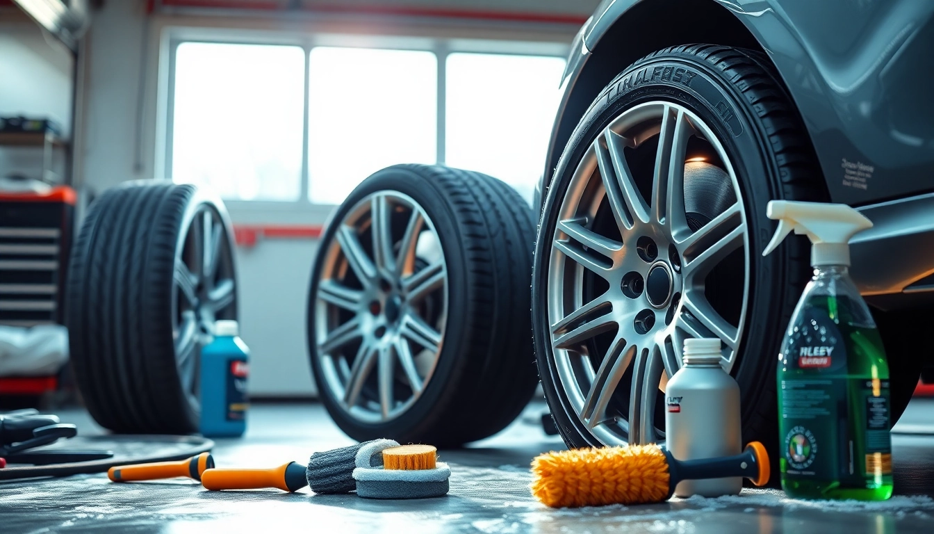 Showing the best way to clean car wheels and tires with sparkling alloy wheels and cleaning materials.