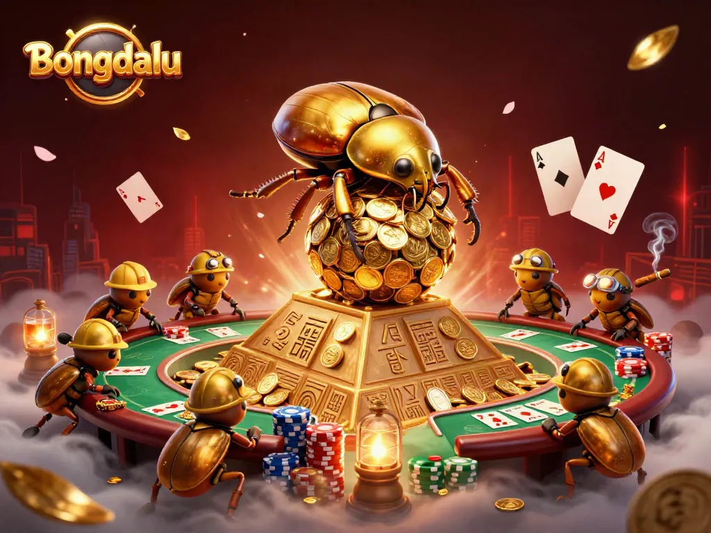 Bongdalu showcases a golden beetle advancing a coin ball amid casino elements to elevate your betting game.
