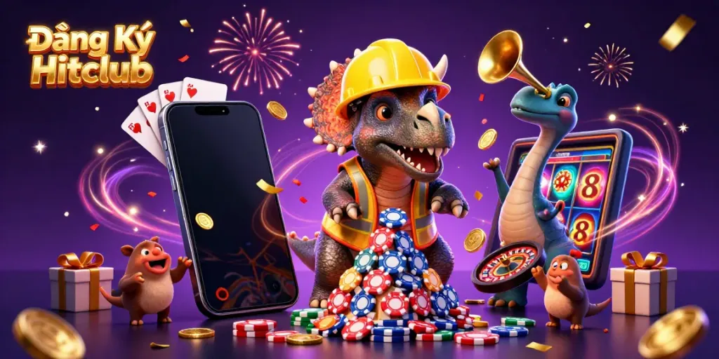 Engage in thrilling gaming action at Đăng Ký Hitclub with fun characters celebrating amidst poker chips and vibrant game elements.