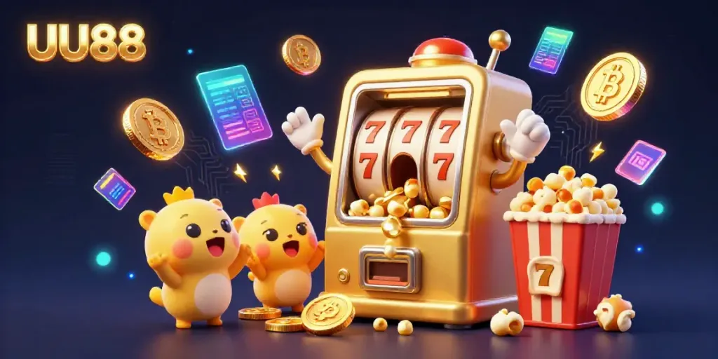 Join the excitement with UU88 as the golden slot machine wins big in a vibrant gaming scene.