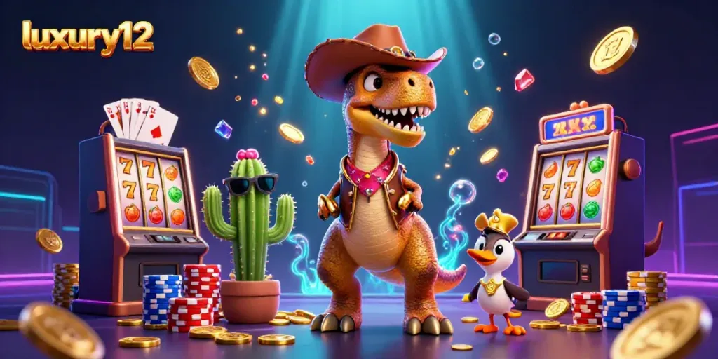 Engage with luxury12's dynamic casino scene featuring vibrant characters, slots, and sparkling gems.