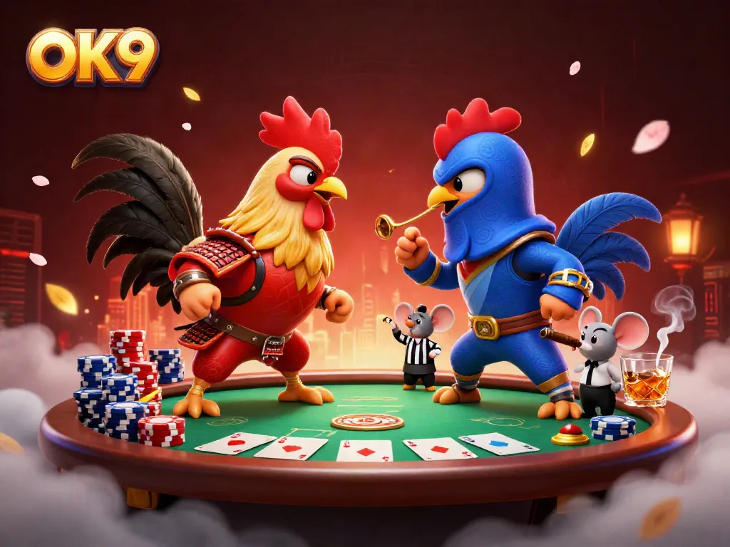 Witness an epic showdown as OK9's fighting roosters clash amidst vibrant poker elements in an online casino.