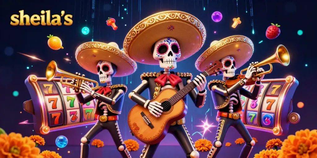 Experience thrilling play at sheila's with a colorful mariachi band amidst vibrant slot reels.