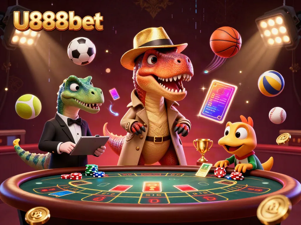 U888bet features a cartoon velociraptor trying to blend in at a blackjack table surrounded by sports balls.