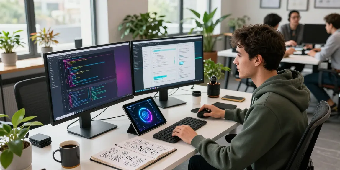 Build internal tools with AI in a modern software development workspace featuring vibrant code and a collaborative atmosphere.