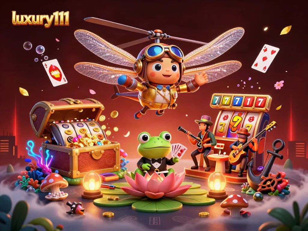 Experience the thrill of luxury111 with vibrant casino elements in this dynamic illustration, showcasing slot reels and a lively scene.