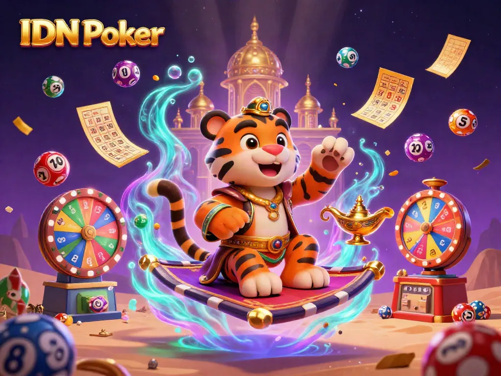 Experience IDN Poker with an enchanting Arabian-themed casino scene filled with dynamic game elements.