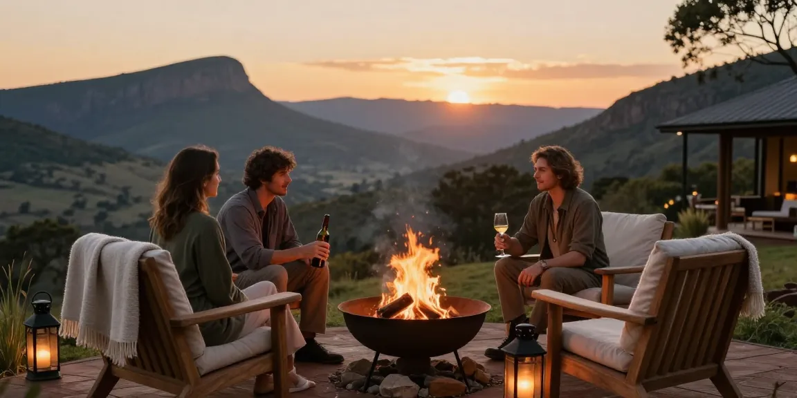Romantic evening scene showcasing Magaliesberg Accommodation, couple enjoying a sunset at a mountain lodge.