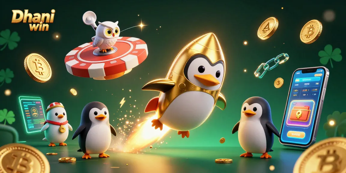 Dhani win game featuring a golden penguin soaring past a poker chip-shaped casino, surrounded by digital coins and vibrant energy.