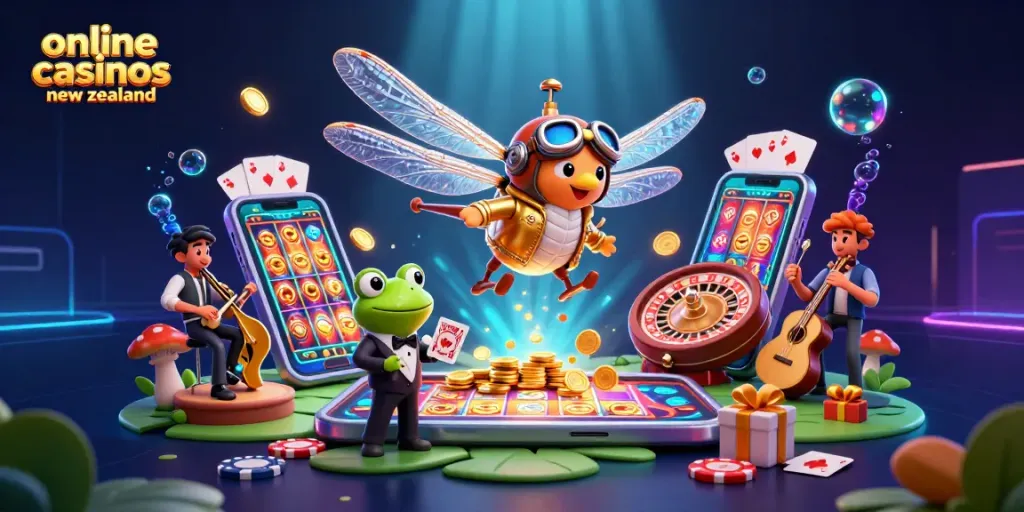Experience exciting gaming at online casinos new zealand with a vibrant dragonfly pilot and frog dealer.