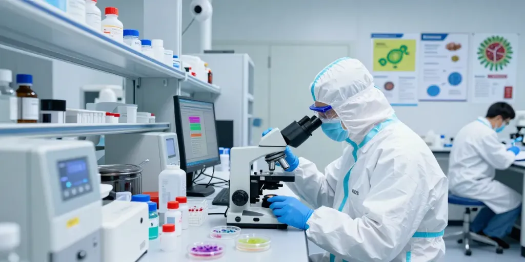 Cancer research laboratory with scientists examining samples and advanced equipment.