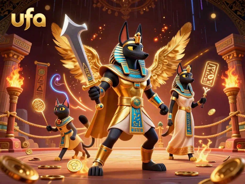 ภาพดิจิทัล 3D ที่แสดงถึงนักรบอียิปต์โบราณ Anubis และเทพเจ้า Bastet ขณะเดิมพันเกมสล็อต ufa บนสนามประลอง