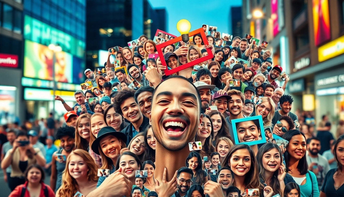 Create a stunning selfie mosaic featuring individual selfies in a vibrant urban setting