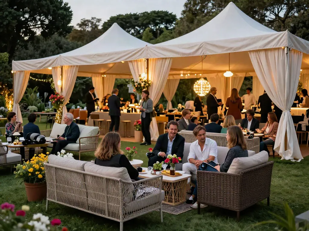 Chic outdoor event furniture rental arrangement with colorful lounge seating and ambient lighting.