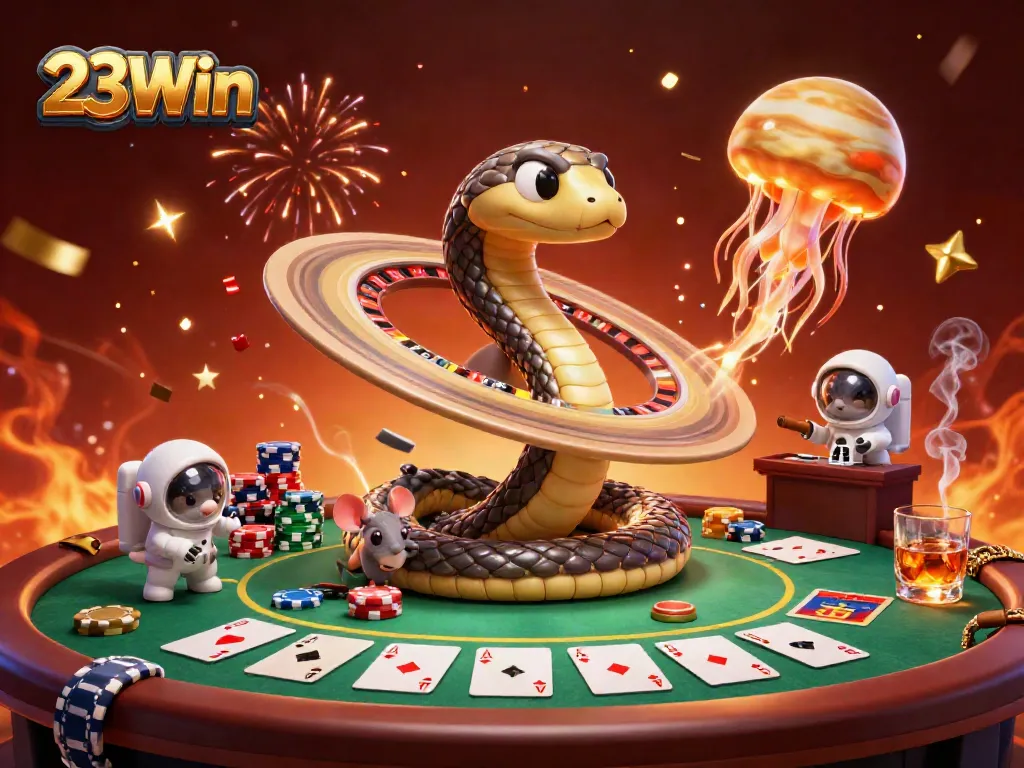 Engage with 23Win's vibrant casino atmosphere featuring astronaut mice betting on Saturn's roulette rings.