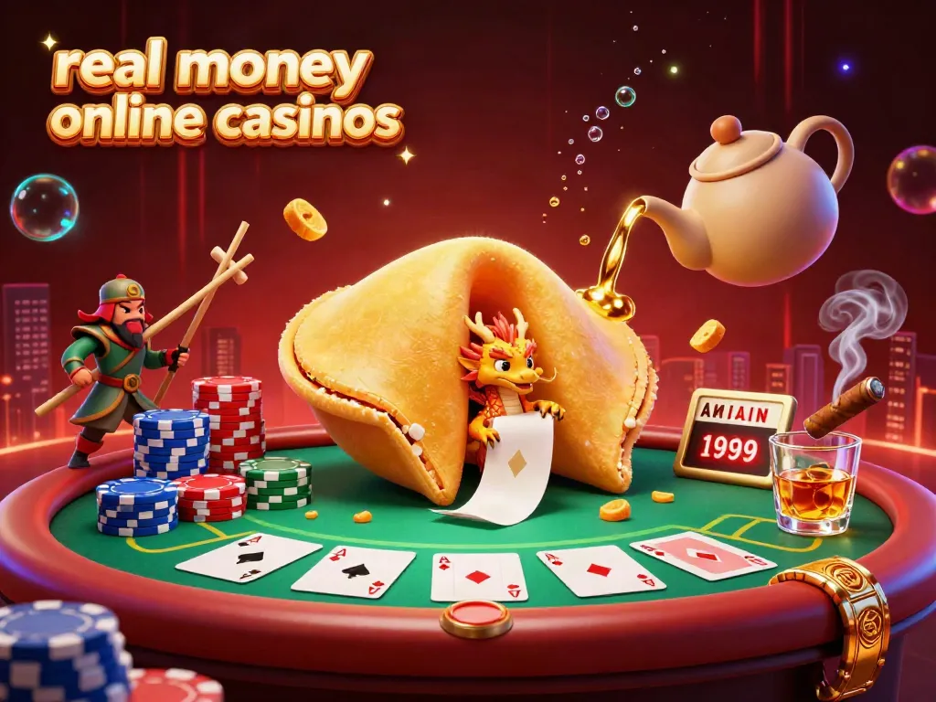 Experience the excitement at real money online casinos with a vibrant casino scene with golden fortune cookie characters.