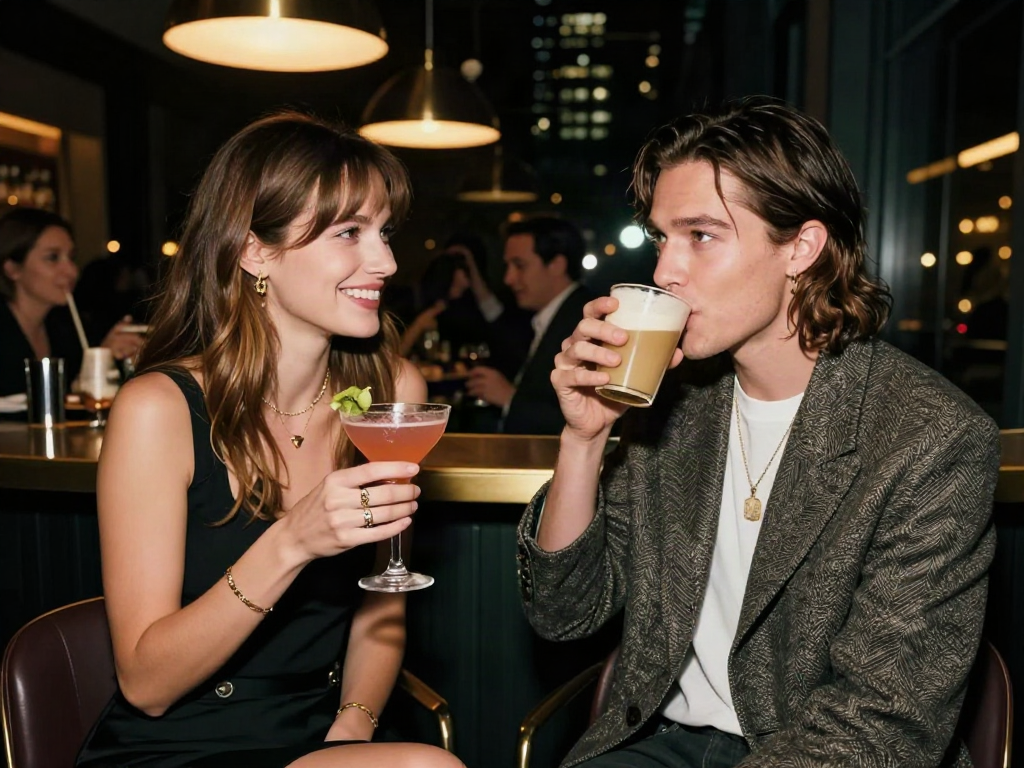 Celebrities that look alike enjoying a lively night out in a sophisticated urban setting.