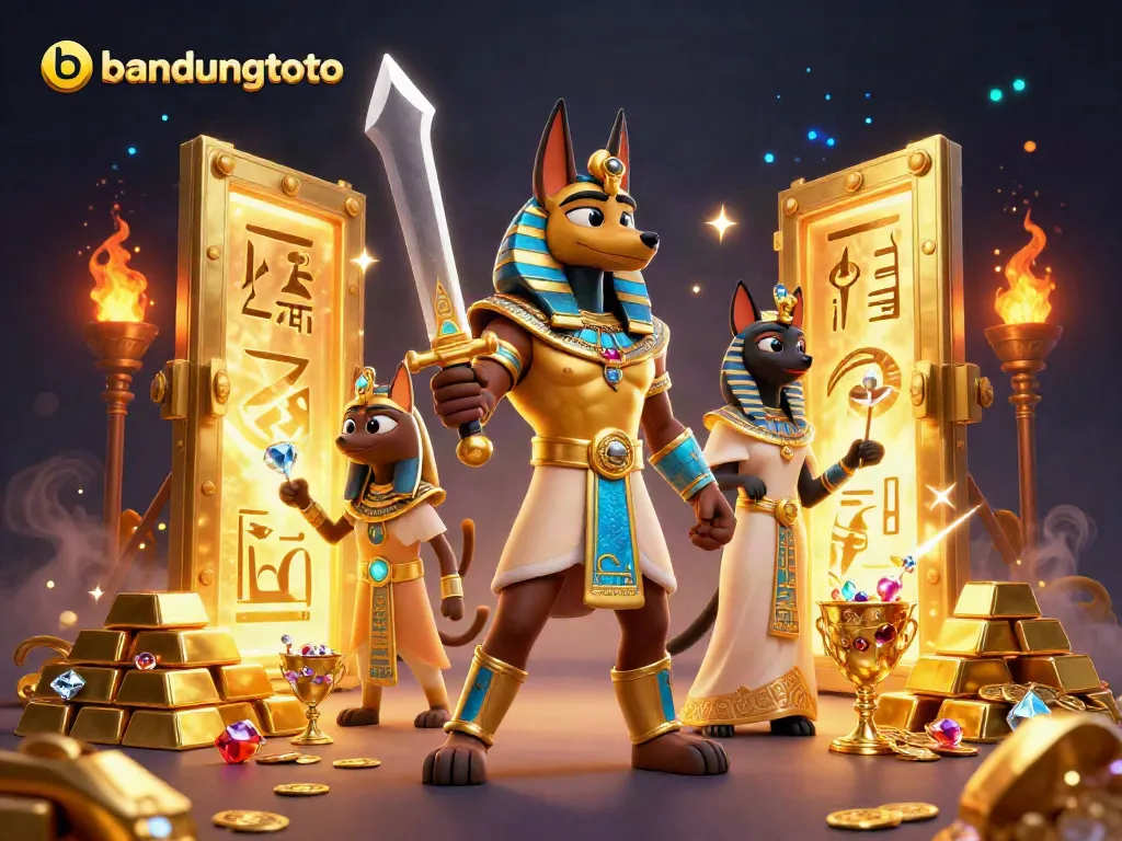 Engage with the dazzling treasures of bandungtoto, featuring Anubis and Bastet amid gold and jewels.
