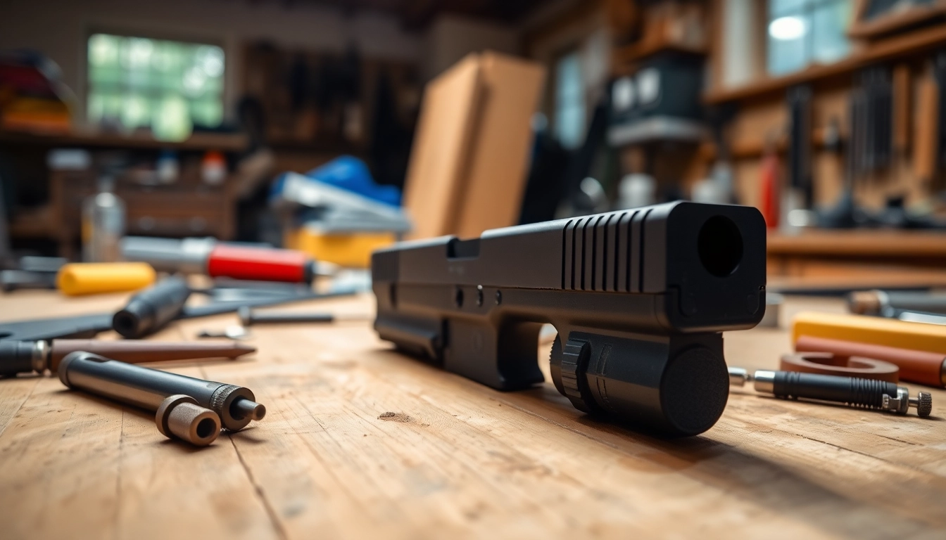 Inspecting the glock 19 gen 3 slide on a workbench with tools highlighting its features.