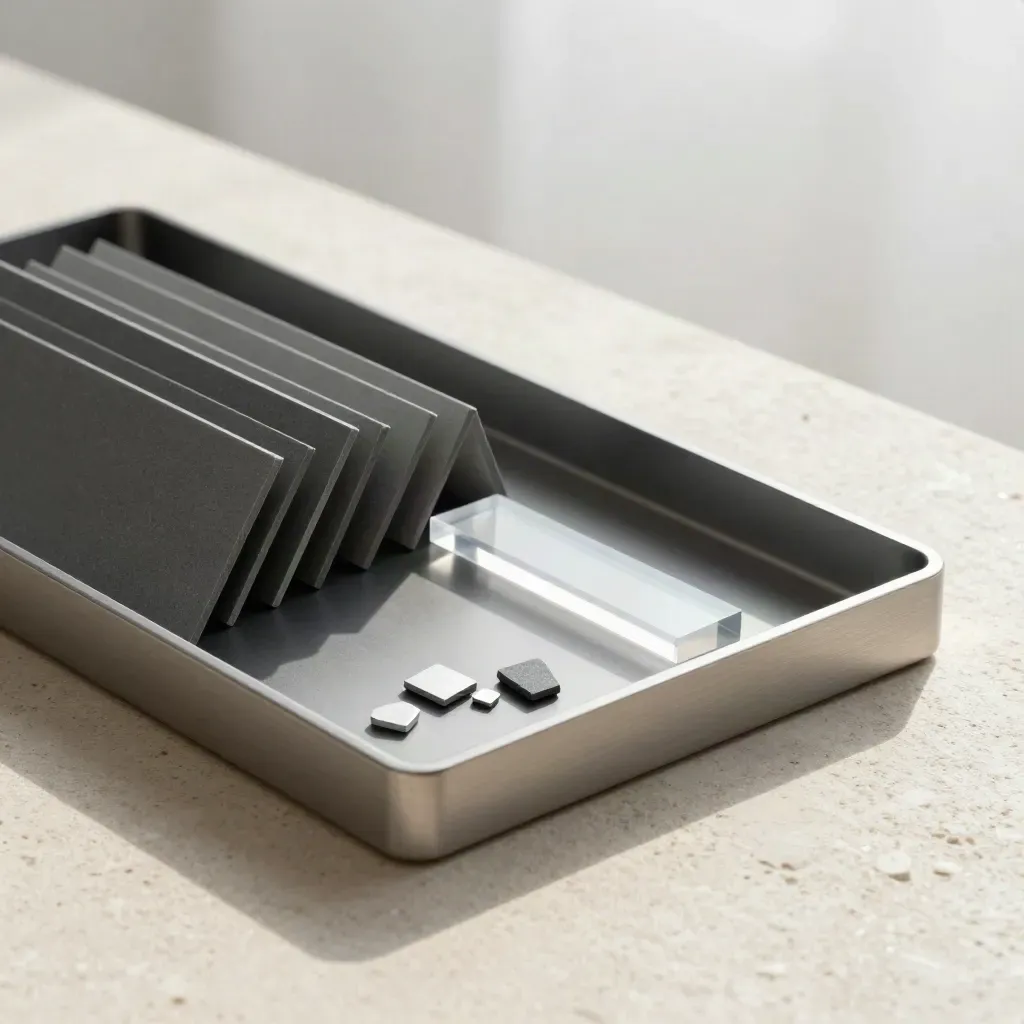 Graphite merchandising tray with sample tiles, aluminum rails, and acrylic block in soft studio light