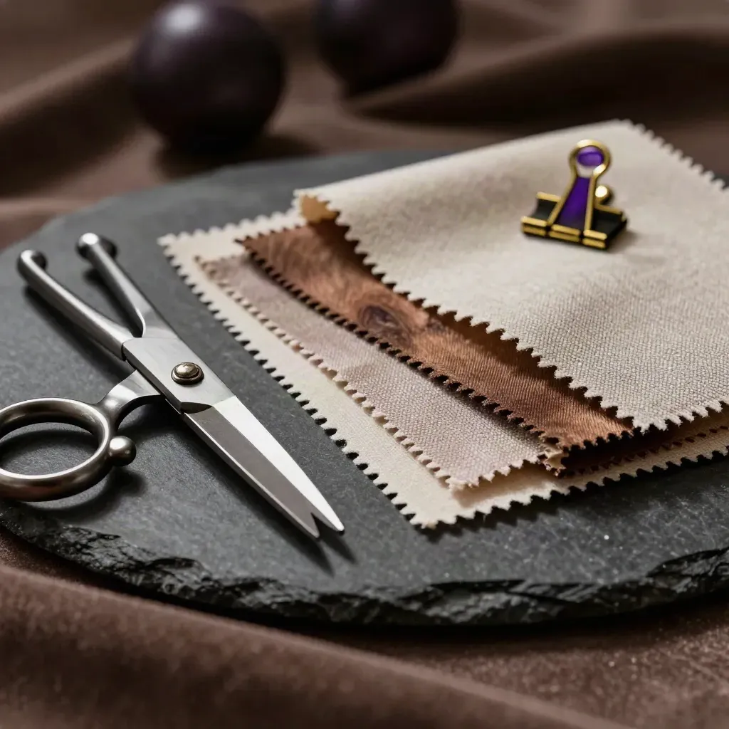 Tailor shears, fabric swatches and a brass clip on dark stone in dramatic studio light.